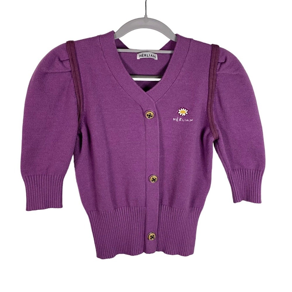 HERLIAN Knit Cardigan Sweater Purple Floral Button Up Short‎ Sleeve Medium